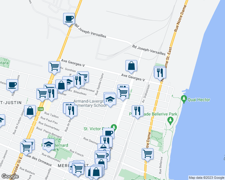 map of restaurants, bars, coffee shops, grocery stores, and more near 9587 Avenue Pierre-De Coubertin in Montréal