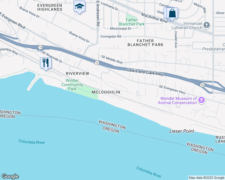 map of restaurants, bars, coffee shops, grocery stores, and more near 6903 Southeast Riverside Drive in Vancouver
