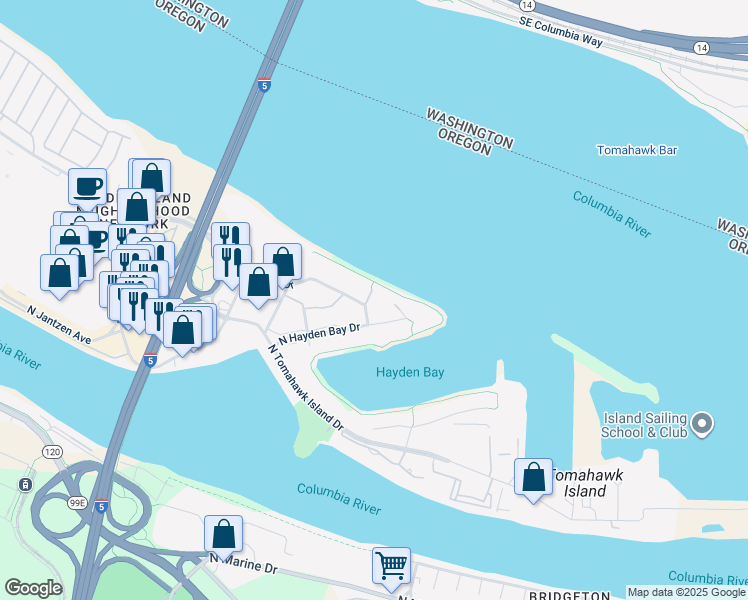 map of restaurants, bars, coffee shops, grocery stores, and more near 378 North Hayden Island Drive in Portland