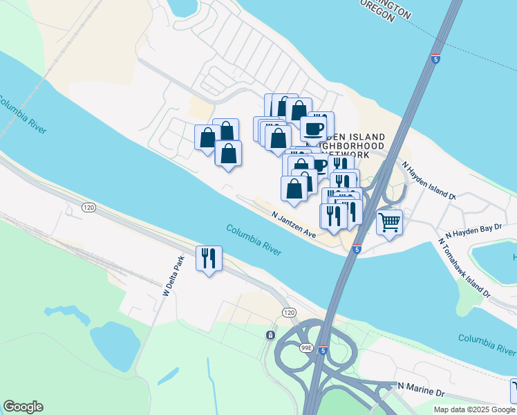 map of restaurants, bars, coffee shops, grocery stores, and more near 1677 North Jantzen Avenue in Portland