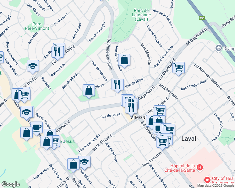 map of restaurants, bars, coffee shops, grocery stores, and more near 1884 Rue de Bucarest in Laval
