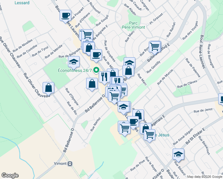 map of restaurants, bars, coffee shops, grocery stores, and more near Boulevard Bellerose Ouest in Laval