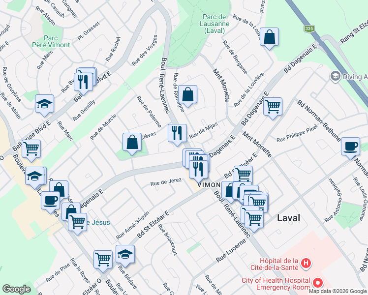map of restaurants, bars, coffee shops, grocery stores, and more near 2116 Boulevard René-Laennec in Laval