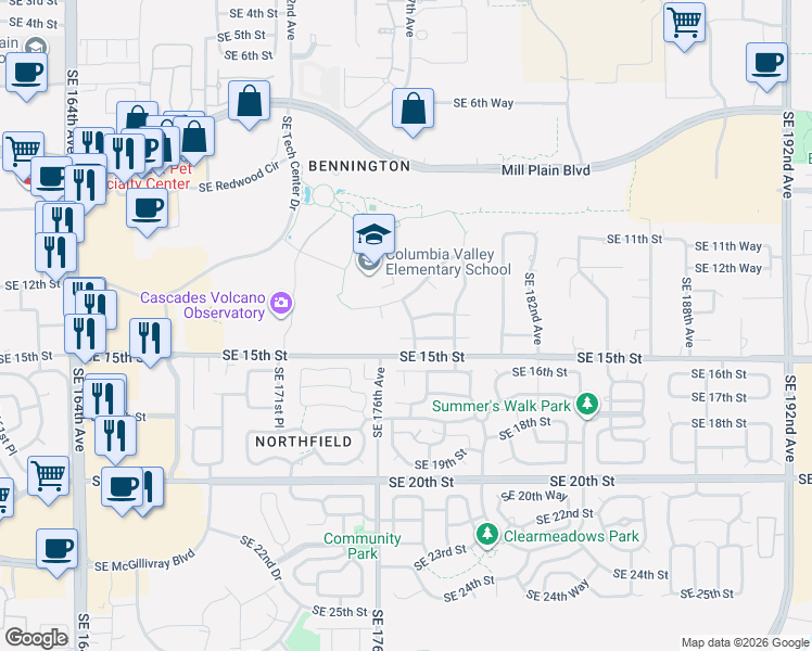 map of restaurants, bars, coffee shops, grocery stores, and more near 1308 Southeast 177th Avenue in Vancouver