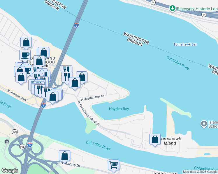 map of restaurants, bars, coffee shops, grocery stores, and more near 247 North Hayden Bay Drive in Portland