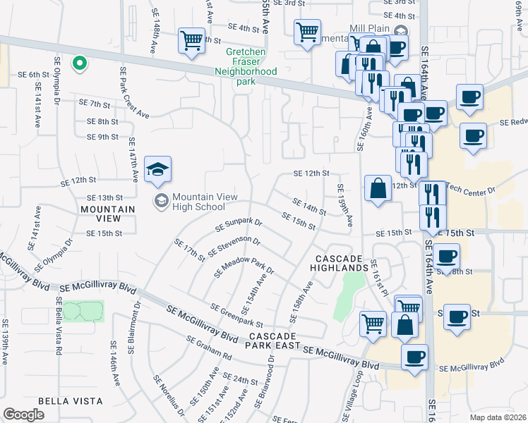 map of restaurants, bars, coffee shops, grocery stores, and more near 15404 Southeast Sunpark Drive in Vancouver