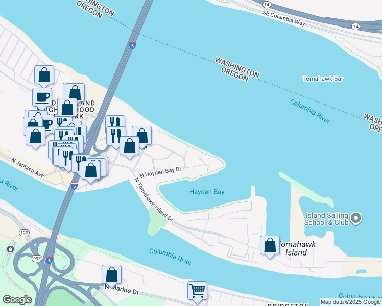 map of restaurants, bars, coffee shops, grocery stores, and more near 195 North Hayden Bay Drive in Portland