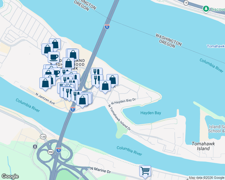 map of restaurants, bars, coffee shops, grocery stores, and more near 12030 North Jantzen Beach Avenue in Portland