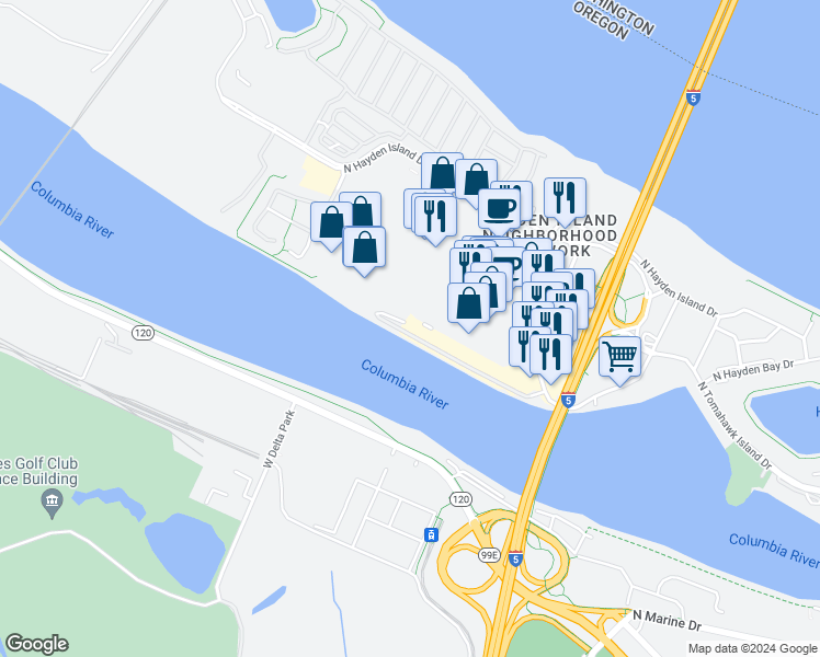 map of restaurants, bars, coffee shops, grocery stores, and more near 1677 North Jantzen Avenue in Portland