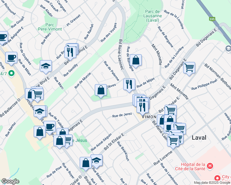 map of restaurants, bars, coffee shops, grocery stores, and more near 1820 Rue de Bucarest in Laval