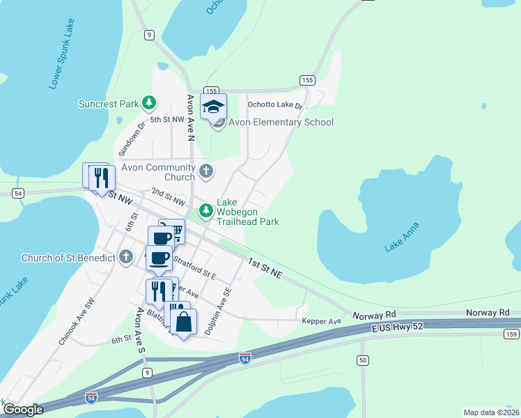map of restaurants, bars, coffee shops, grocery stores, and more near 110 Char Avenue Northeast in Avon