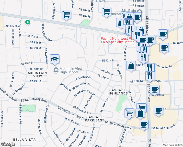 map of restaurants, bars, coffee shops, grocery stores, and more near 15404 Southeast Sunpark Drive in Vancouver