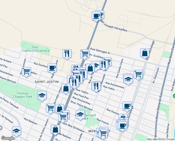 map of restaurants, bars, coffee shops, grocery stores, and more near 3210 Avenue Bilaudeau in Montreal
