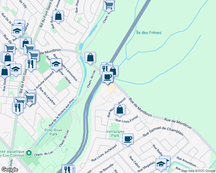 map of restaurants, bars, coffee shops, grocery stores, and more near 690 Rue de Montbrun in Boucherville