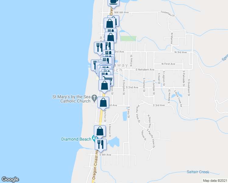 map of restaurants, bars, coffee shops, grocery stores, and more near 216 South Beacon Street in Rockaway Beach