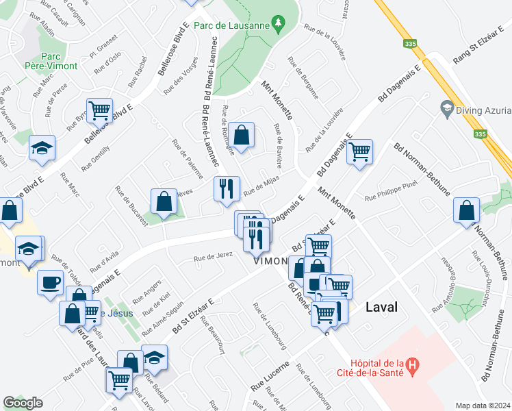 map of restaurants, bars, coffee shops, grocery stores, and more near 2020 Rue de Magenta in Laval