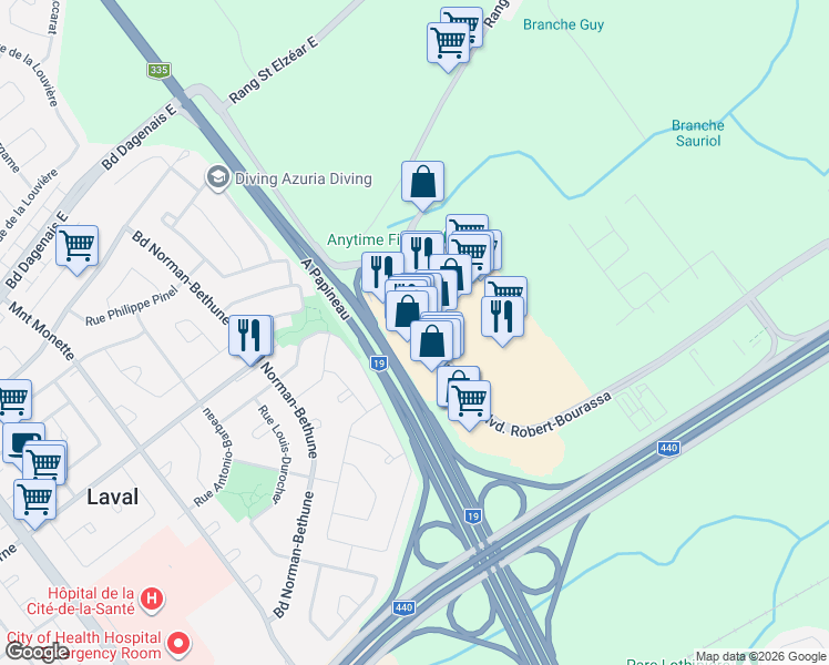 map of restaurants, bars, coffee shops, grocery stores, and more near 5720 Boulevard Robert-Bourassa in Laval