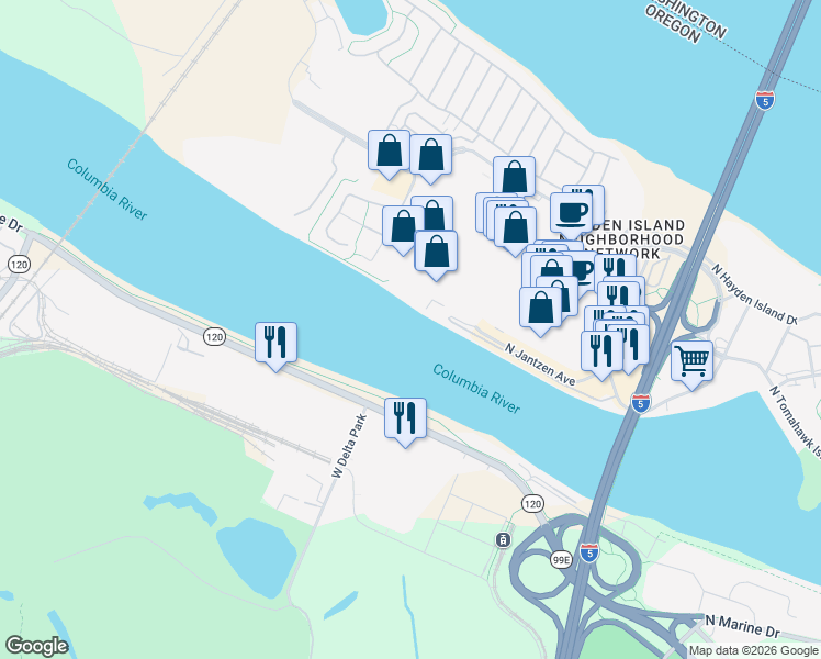map of restaurants, bars, coffee shops, grocery stores, and more near 1893 North Jantzen Avenue in Portland