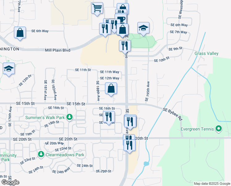 map of restaurants, bars, coffee shops, grocery stores, and more near 19004 Southeast 15th Street in Vancouver