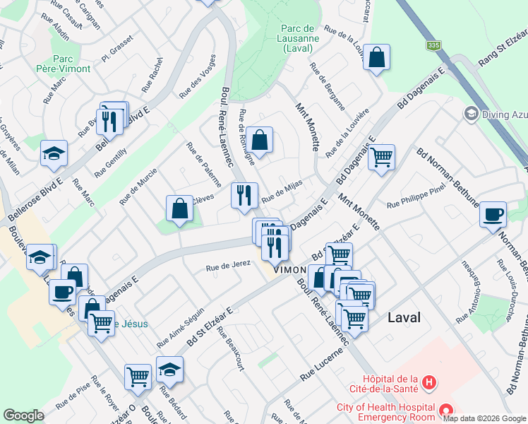 map of restaurants, bars, coffee shops, grocery stores, and more near 2115 Boulevard René-Laennec in Laval
