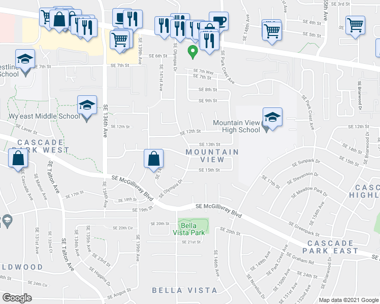 map of restaurants, bars, coffee shops, grocery stores, and more near 1344 SE Olympia Dr in Vancouver
