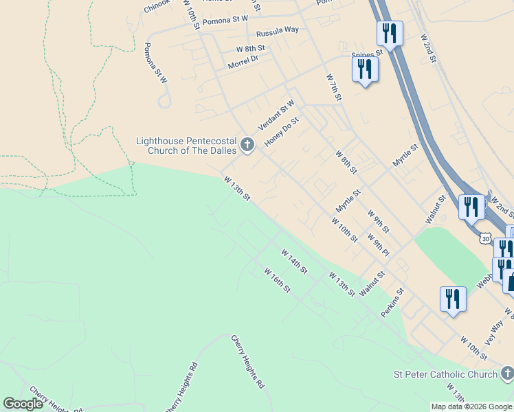 map of restaurants, bars, coffee shops, grocery stores, and more near 1419 Gordon Court in The Dalles