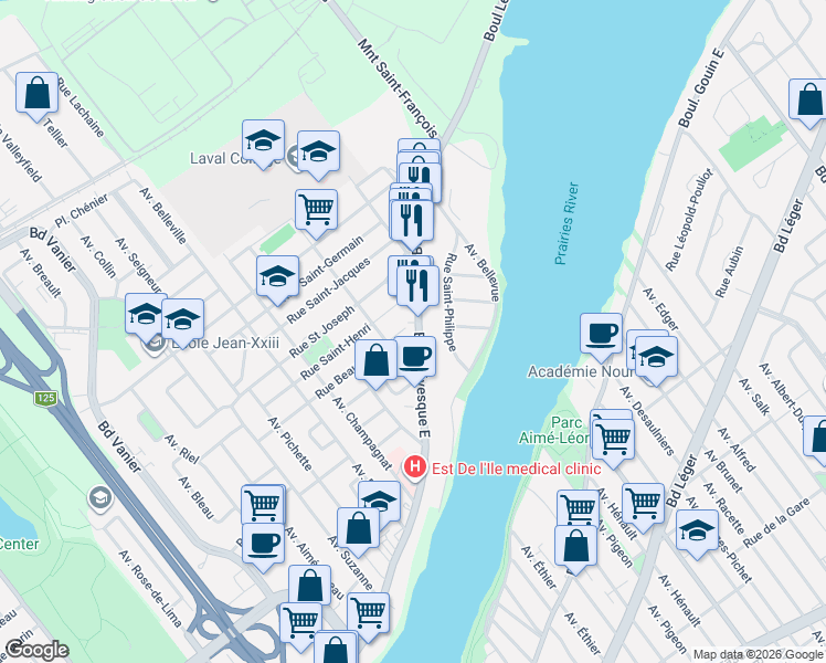 map of restaurants, bars, coffee shops, grocery stores, and more near 5073 Boulevard Lévesque Est in Laval