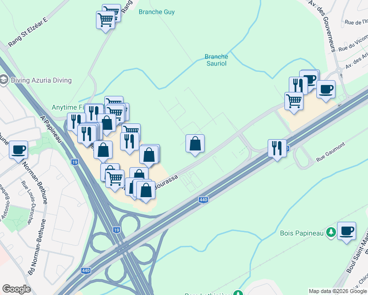 map of restaurants, bars, coffee shops, grocery stores, and more near 2310 Rue Monet in Laval