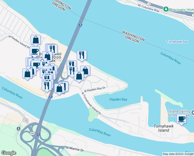 map of restaurants, bars, coffee shops, grocery stores, and more near 474 North Hayden Island Drive in Portland