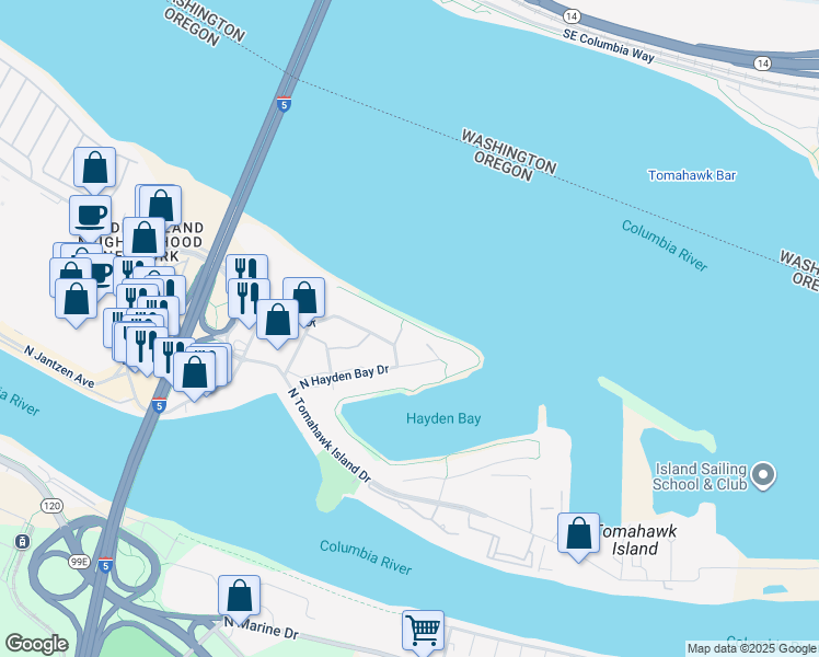 map of restaurants, bars, coffee shops, grocery stores, and more near 195 North Hayden Bay Drive in Portland