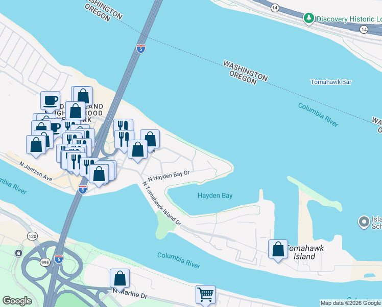 map of restaurants, bars, coffee shops, grocery stores, and more near 378 North Hayden Island Drive in Portland