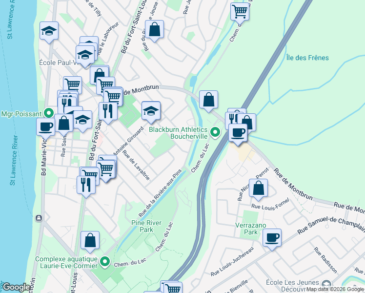 map of restaurants, bars, coffee shops, grocery stores, and more near 189 Rue de la Blanche - Herbe in Boucherville