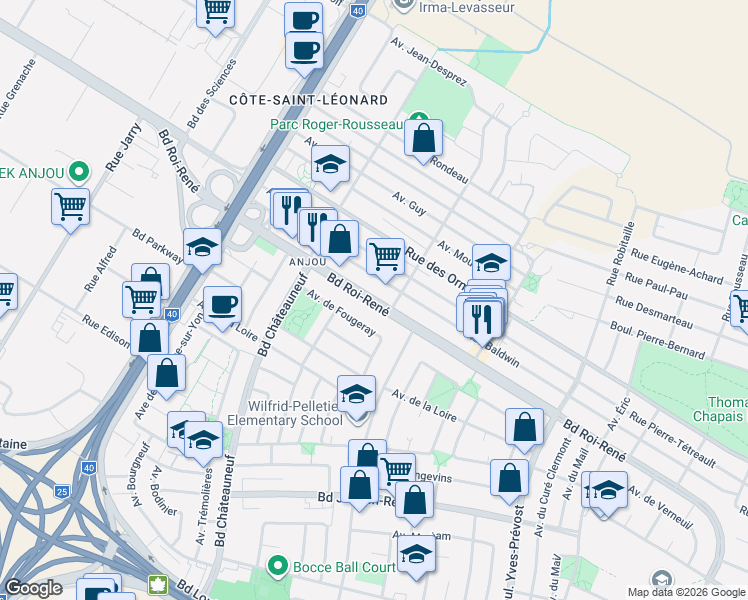 map of restaurants, bars, coffee shops, grocery stores, and more near 7241 Boulevard Roi-René in Montréal