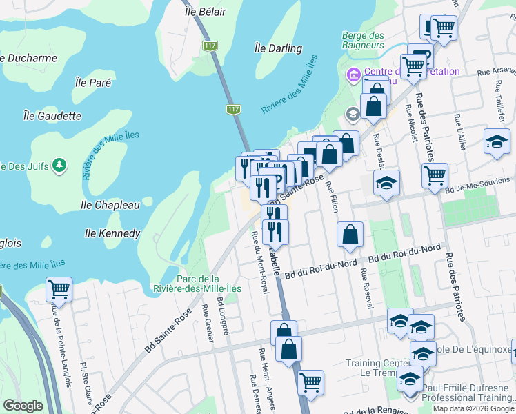 map of restaurants, bars, coffee shops, grocery stores, and more near 305 Boulevard Sainte-Rose in Laval