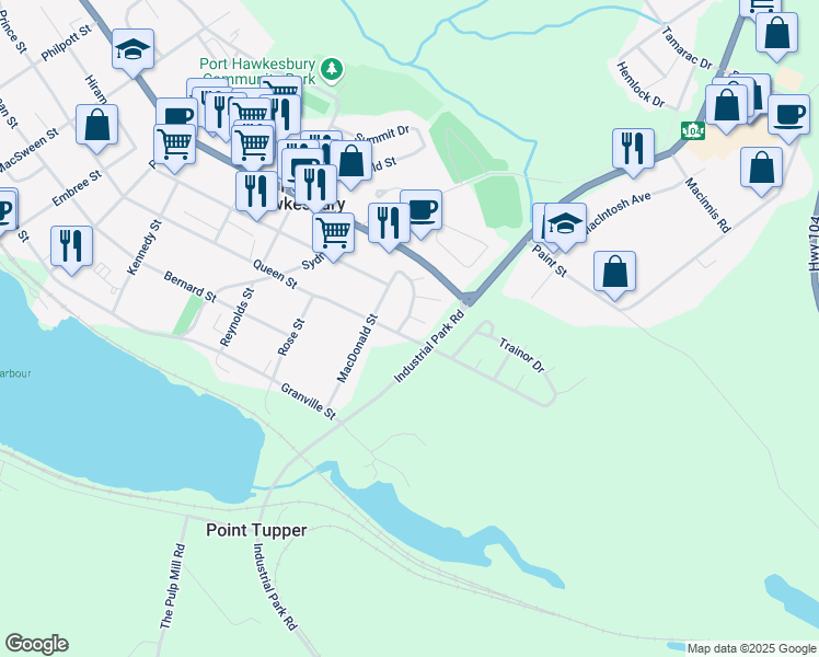 map of restaurants, bars, coffee shops, grocery stores, and more near 4 Macleod Avenue in Port Hawkesbury