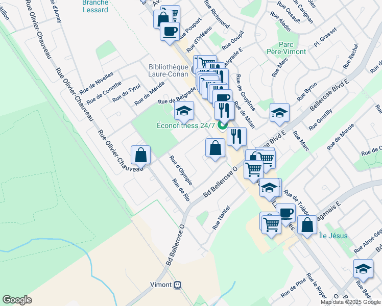 map of restaurants, bars, coffee shops, grocery stores, and more near 86 Rue d'Ostende in Laval