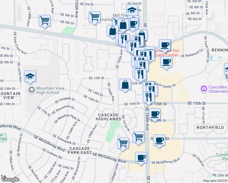 map of restaurants, bars, coffee shops, grocery stores, and more near 1321 Southeast 159th Avenue in Vancouver