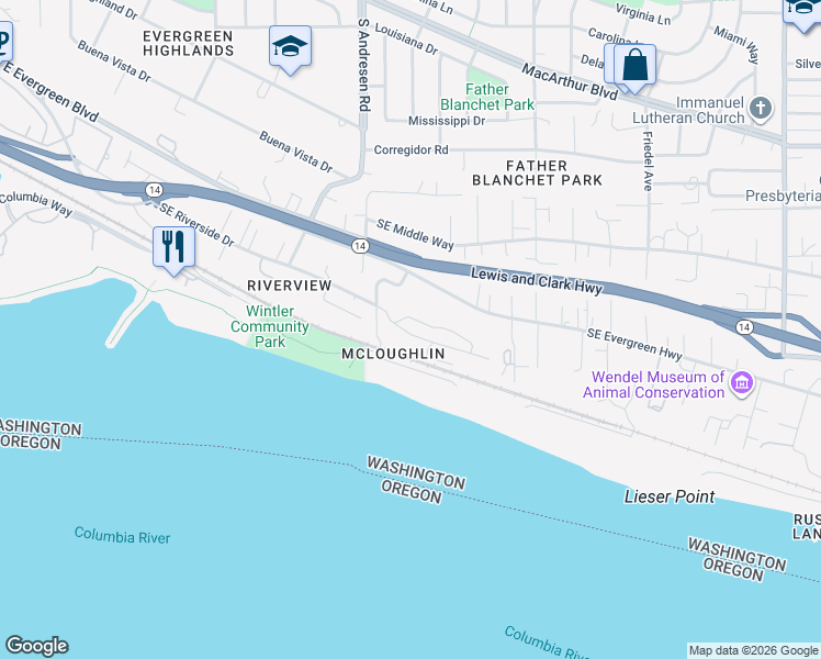 map of restaurants, bars, coffee shops, grocery stores, and more near 7017 Southeast Evergreen Highway in Vancouver