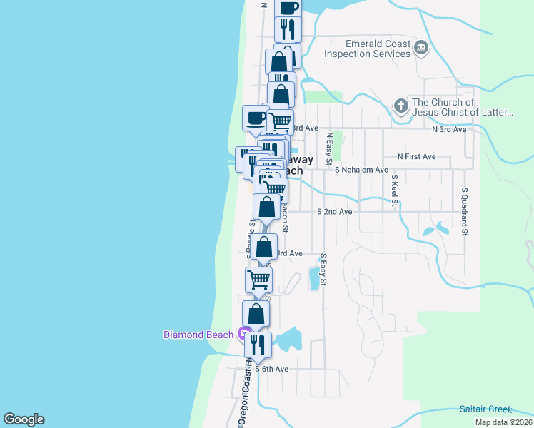 map of restaurants, bars, coffee shops, grocery stores, and more near 146 South Beacon Street in Rockaway Beach