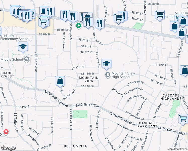 map of restaurants, bars, coffee shops, grocery stores, and more near 14517 Southeast 12th Street in Vancouver