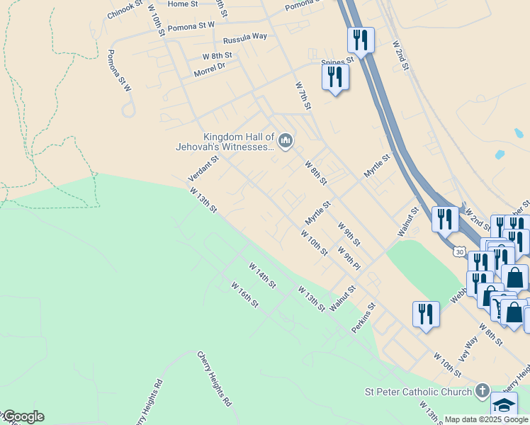 map of restaurants, bars, coffee shops, grocery stores, and more near 2408 West 10th Street in The Dalles