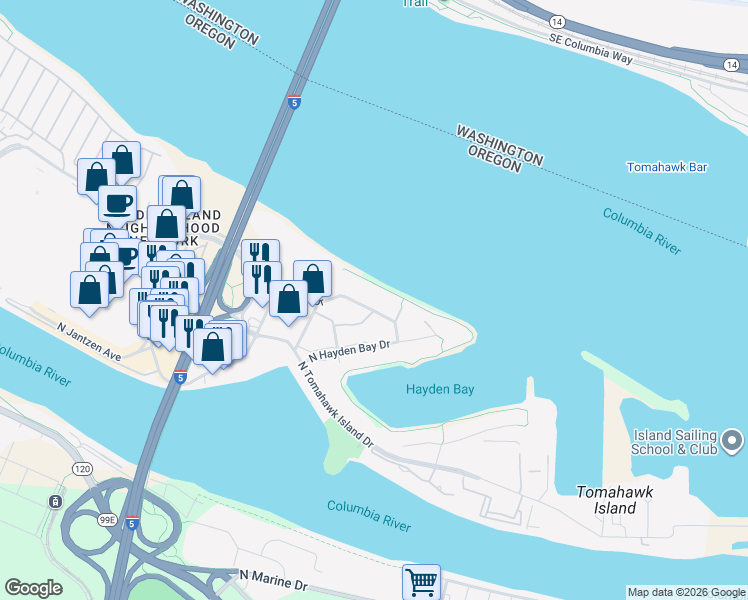 map of restaurants, bars, coffee shops, grocery stores, and more near 707 North Hayden Island Drive in Portland