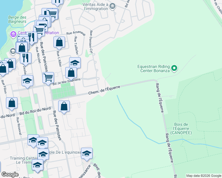 map of restaurants, bars, coffee shops, grocery stores, and more near Chemin de l'Équerre in Laval