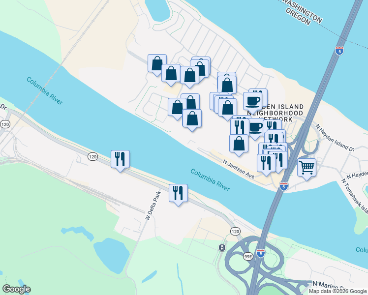 map of restaurants, bars, coffee shops, grocery stores, and more near 1985 North Jantzen Avenue in Portland