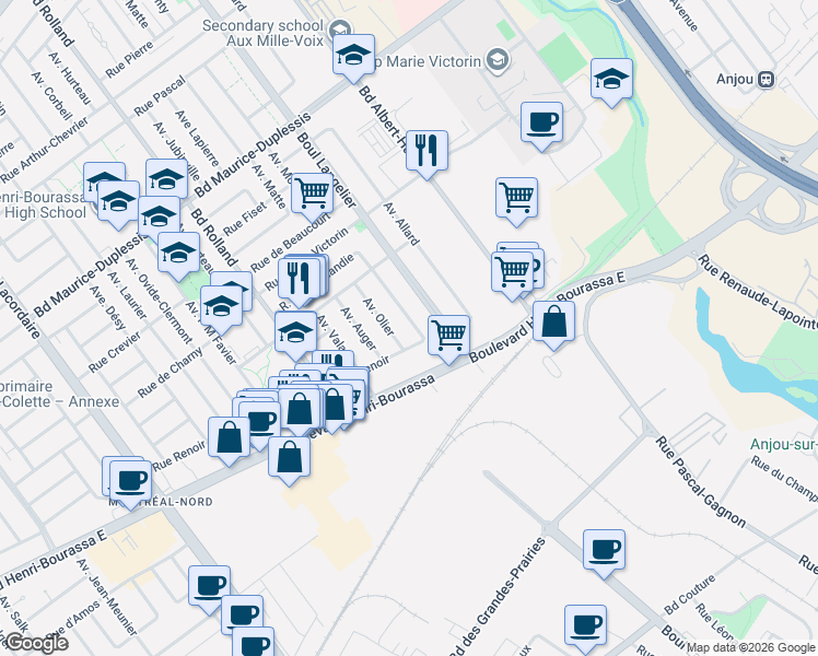map of restaurants, bars, coffee shops, grocery stores, and more near 11444 Rue de Normandie in Montréal