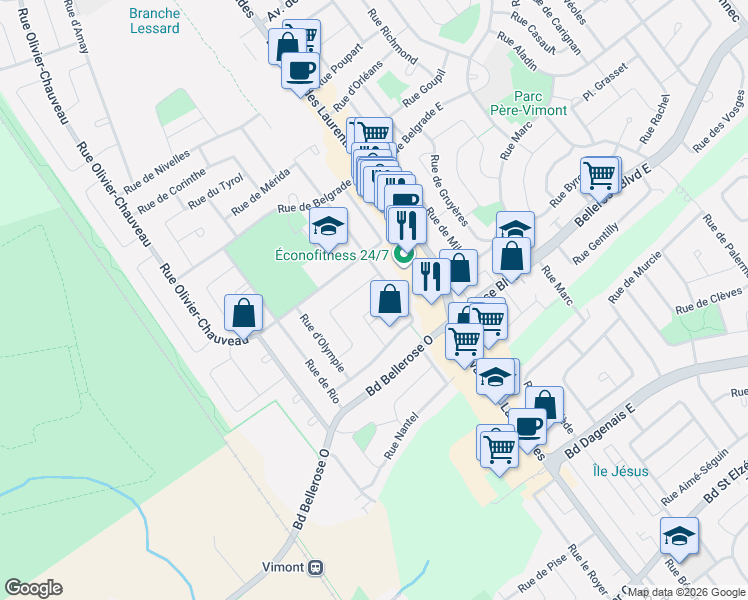 map of restaurants, bars, coffee shops, grocery stores, and more near 2157 Place de Corfou in Laval