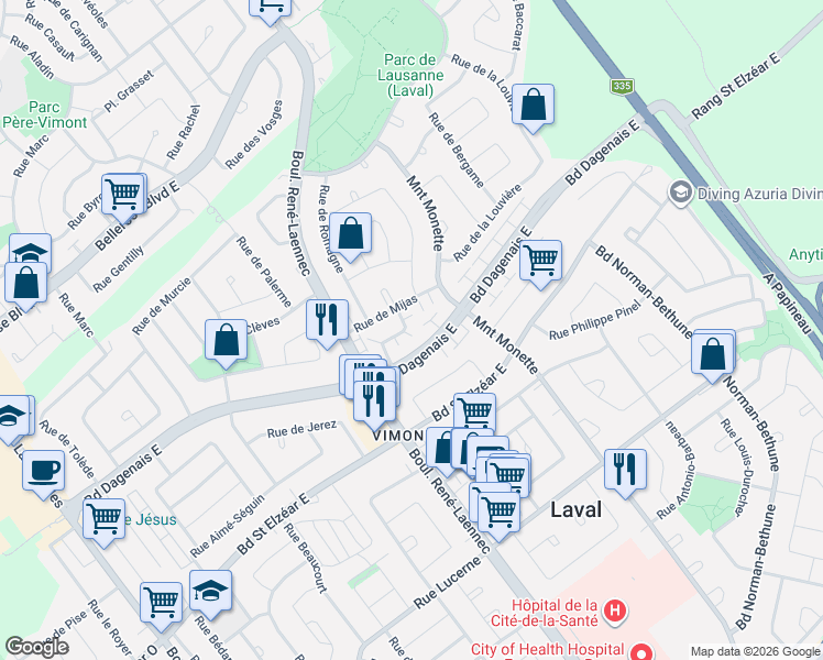map of restaurants, bars, coffee shops, grocery stores, and more near 2055 Rue de Magenta in Laval