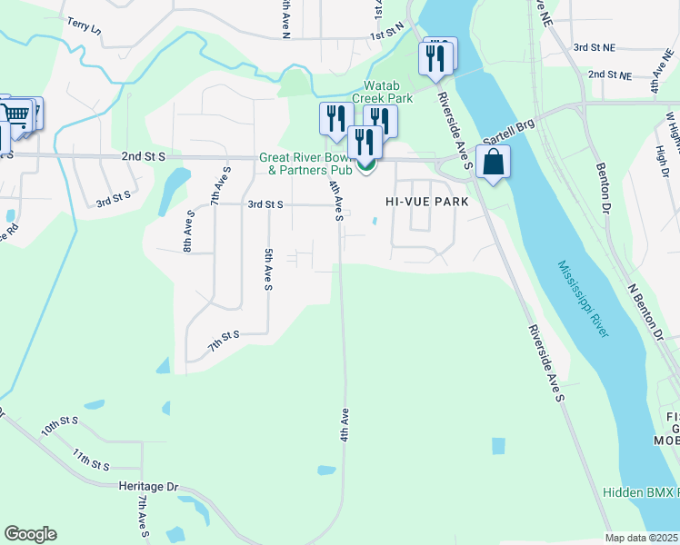 map of restaurants, bars, coffee shops, grocery stores, and more near 299 4th Avenue South in Sartell