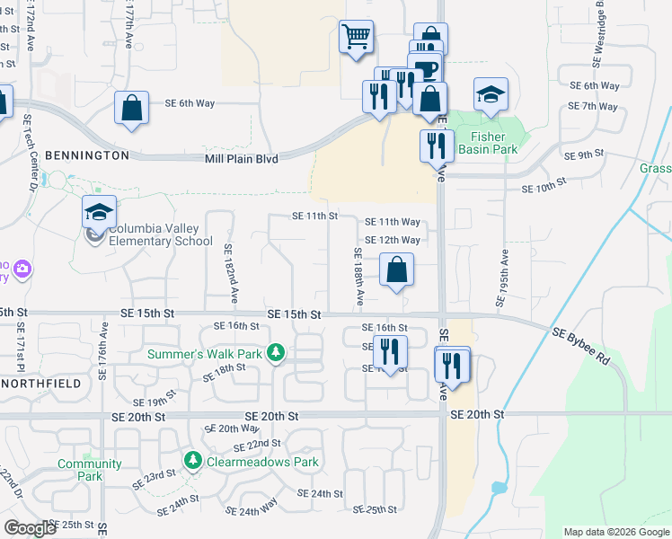 map of restaurants, bars, coffee shops, grocery stores, and more near 1211 Southeast 187th Avenue in Vancouver