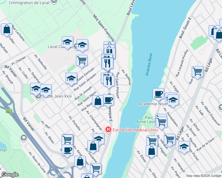 map of restaurants, bars, coffee shops, grocery stores, and more near 5088 Boulevard Lévesque Est in Laval